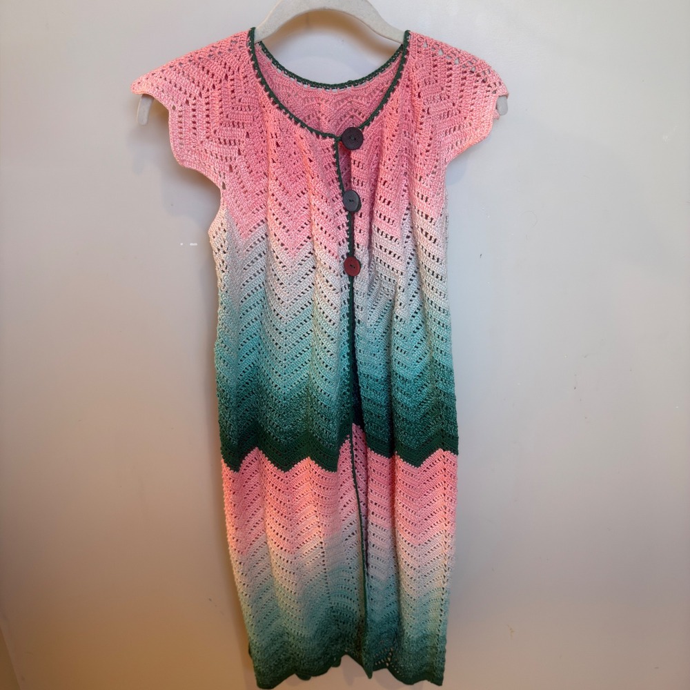 Crochet Cover‎ Up Duster Cardigan Pink Green Ombre Chevron Sleeveless